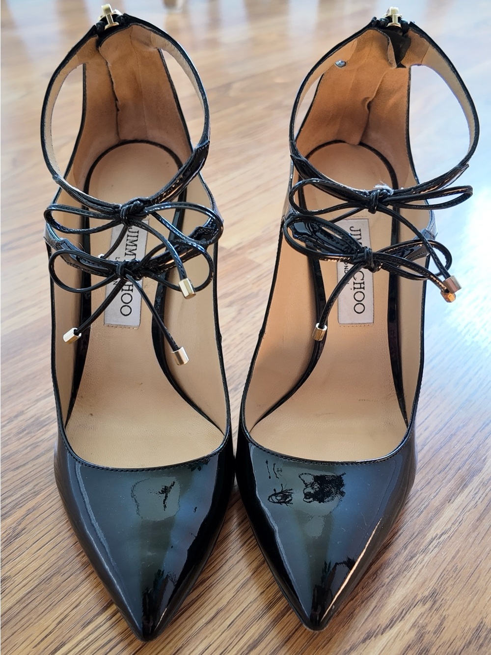 Jimmy Choo Black Leather Pointed-Toe Lace-Up Heels